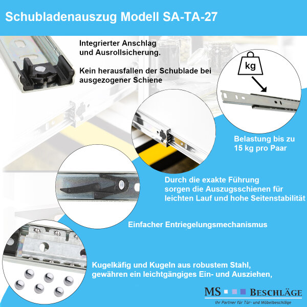 Set Schubladenschienen 27mm Höhe Teleskopauszug Teilauszug 15kg Traglast Kugelführung 500mm