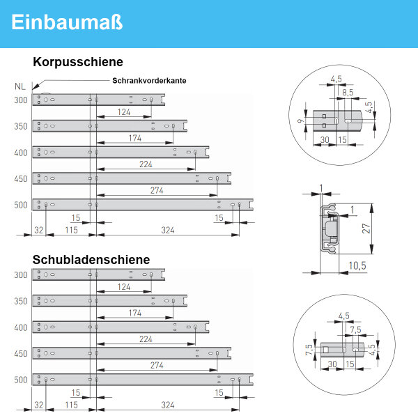 Set Schubladenschienen 27mm Höhe Teleskopauszug Teilauszug 15kg Traglast Kugelführung 500mm