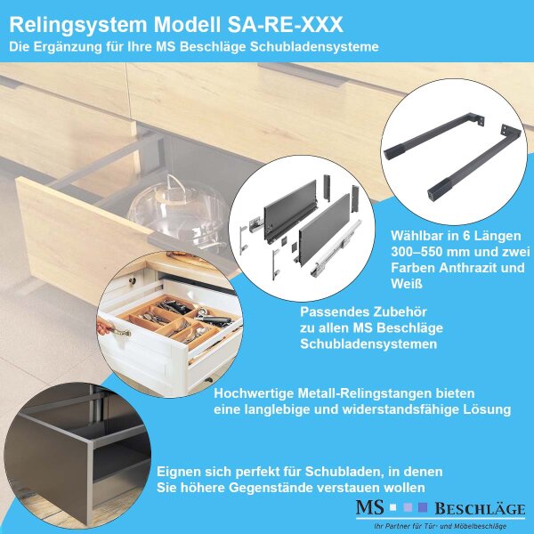 Längsreling für Schubladen Anthrazit 450mm Relingstangen - Einfach montierbar, stabil & langlebig