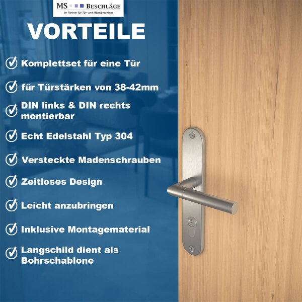 Edelstahl Türbeschlag Langschild matt gebürstet – Türdrücker Münster - Renovierungsschild Profilzylinder