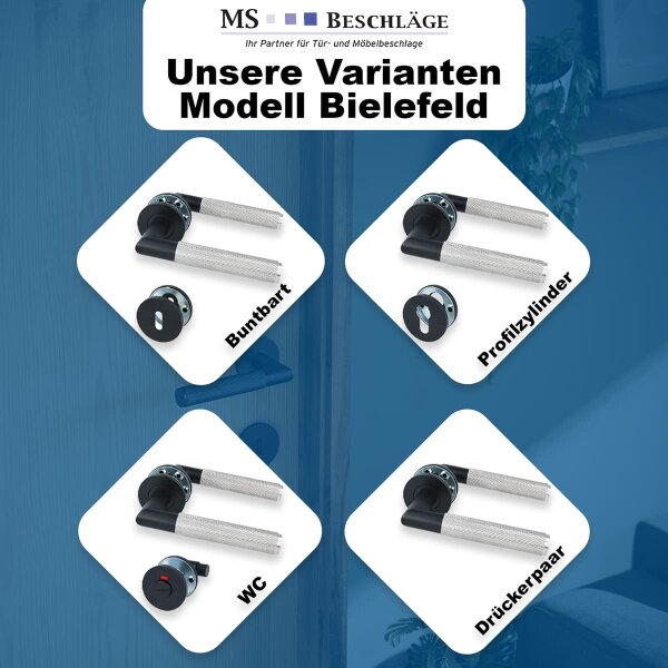 Türbeschlag Rosettengarnitur Edelstahl mit Bicolor-Strukturgriff - Türdrücker Schwarz