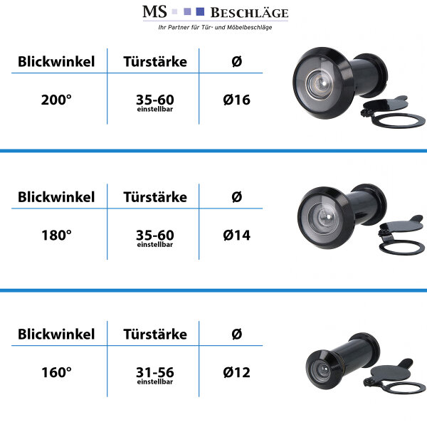 Türspion Schwarz Messing mit Sichtschutzklappe - Weitwinkellinse 160° - Sicherheits-Türblick