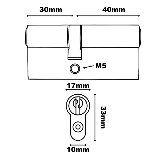 Profilzylinder Messing vernickelt – 5-Stift Türzylinder mit 3 Schlüsseln - 30/40mm verschiedenschließend