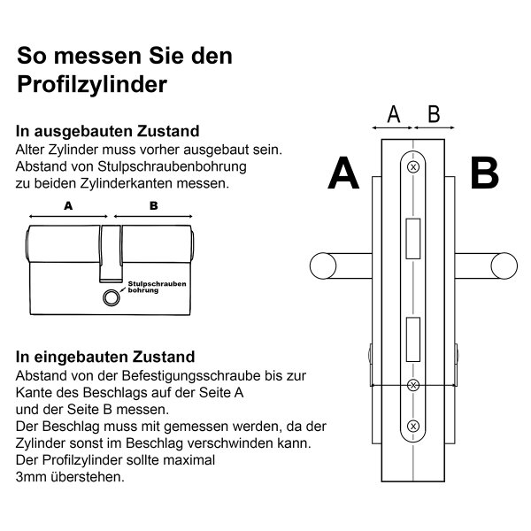 Profilzylinder Messing vernickelt – 5-Stift Türzylinder mit 3 Schlüsseln - 30/40mm verschiedenschließend