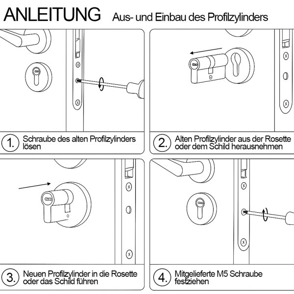 Profilzylinder Messing vernickelt – 5-Stift Türzylinder mit 3 Schlüsseln - 30/40mm verschiedenschließend