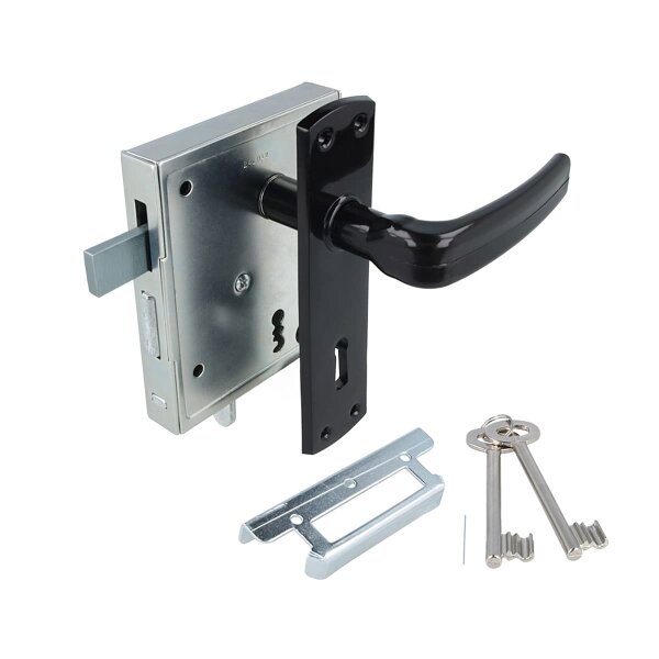 Universal Kastenschloss mit hebender Falle - Drückerpaar und Kurzschild schwarz - Gartenschloss