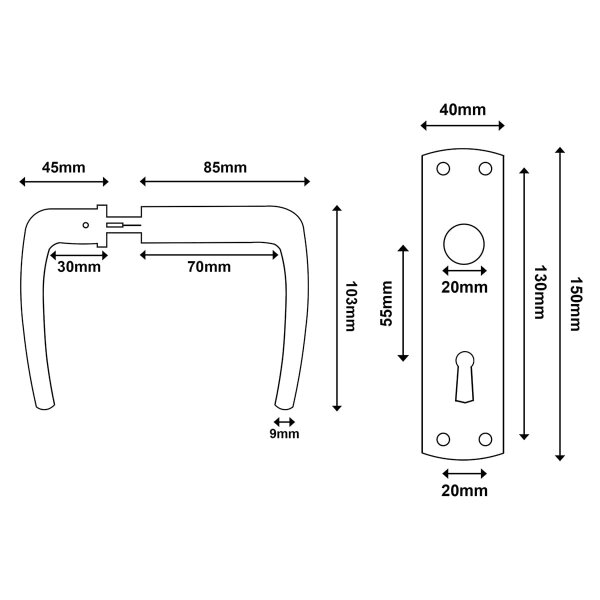 Universal Kastenschloss mit hebender Falle - Drückerpaar und Kurzschild schwarz - Gartenschloss