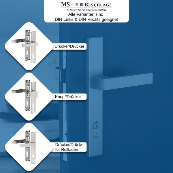 Eckige Schmalrahmen-Langschildgarnitur aus Aluminium in Edelstahl-Optik - PZ 92mm Türdrücker