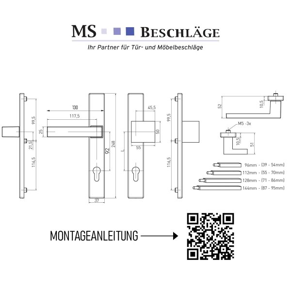 Eckige Schmalrahmen-Langschildgarnitur aus Aluminium in Edelstahl-Optik - PZ 92mm Türdrücker