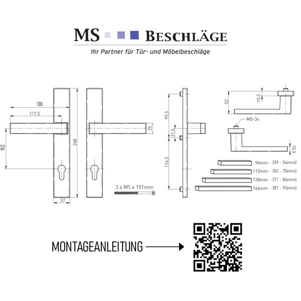 Eckige Schmalrahmen-Langschildgarnitur aus Aluminium in Edelstahl-Optik - PZ 92mm Türdrücker