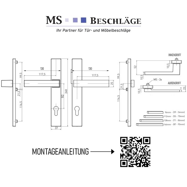 Eckige Schmalrahmen-Langschildgarnitur aus Aluminium in Edelstahl-Optik - PZ 92mm Türdrücker