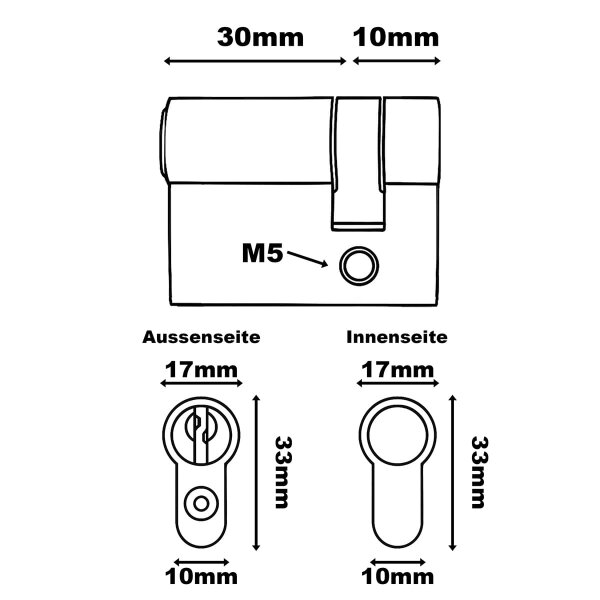Halbzylinder Messing vernickelt - Profilzylinder einseitg schließend - 5-Stift Türzylinder 30/10mm