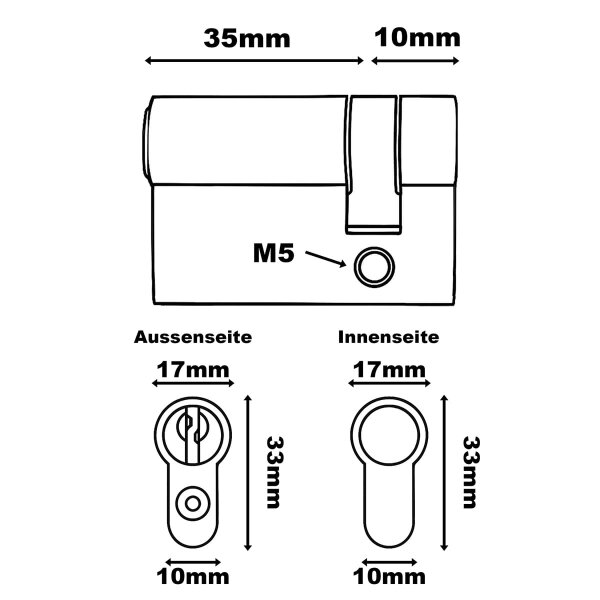 Halbzylinder Messing vernickelt - Profilzylinder einseitg schließend - 5-Stift Türzylinder 35/10mm