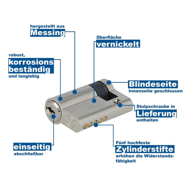 Halbzylinder Messing vernickelt - Profilzylinder einseitg schließend - 5-Stift Türzylinder 35/10mm