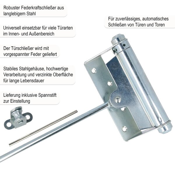 Stangentürschließer Stahl verzinkt Türgewicht bis 60kg - Türfeder einstellbarer Türschließer