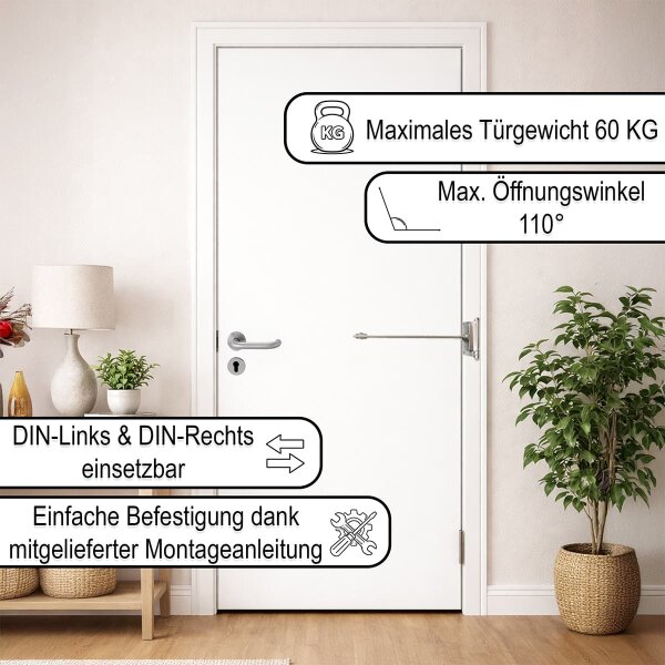Stangentürschließer Stahl verzinkt Türgewicht bis 60kg - Türfeder einstellbarer Türschließer