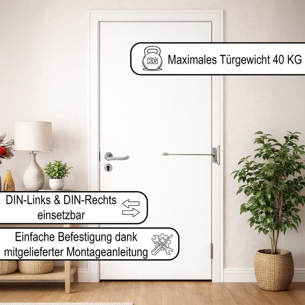 Stangentürschließer bis 40 kg aus Stahl – Türschließer Silber - einstellbare Federkraft DIN links rechts