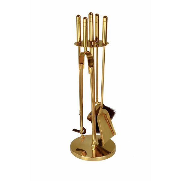 Kaminbesteck Messing poliert 5-teilig mit Rundständer - Ofenbesteck h 65cm - elegante Kamingarnitur