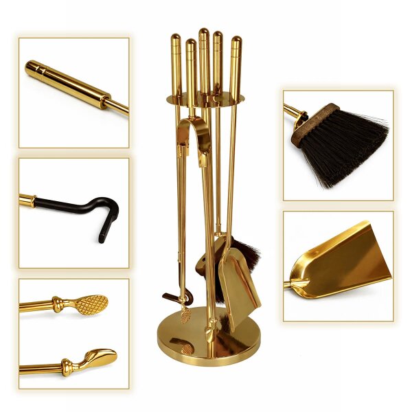 Kaminbesteck Messing poliert 5-teilig mit Rundständer - Ofenbesteck h 65cm - elegante Kamingarnitur
