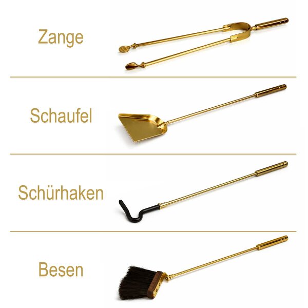 Kaminbesteck Messing poliert 5-teilig mit Rundständer - Ofenbesteck h 65cm - elegante Kamingarnitur