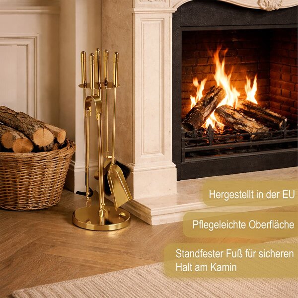 Kaminbesteck Messing poliert 5-teilig mit Rundständer - Ofenbesteck h 65cm - elegante Kamingarnitur