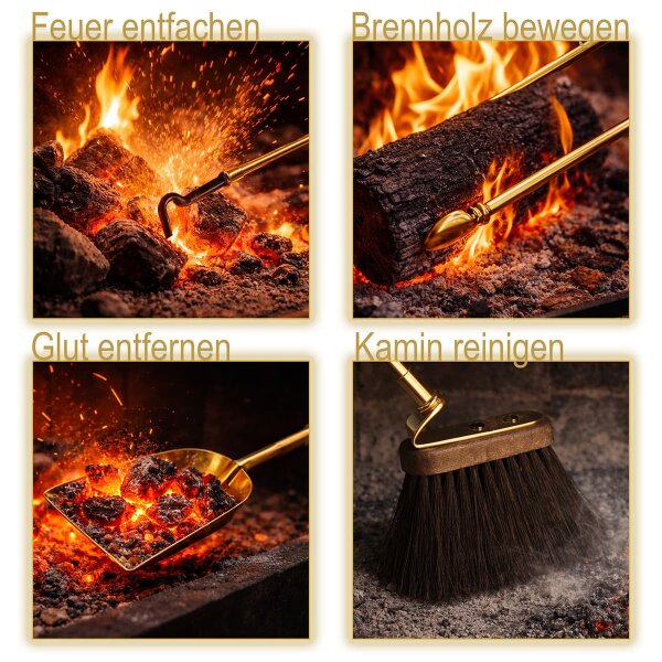 Kaminbesteck Messing poliert 5-teilig mit Rundständer - Ofenbesteck h 65cm - elegante Kamingarnitur