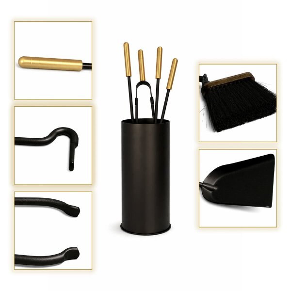 Kaminbesteck 5-teilig Schwarz mit Messinggriffen - Besteckbehälter Ofenset - Design Kamingarnitur