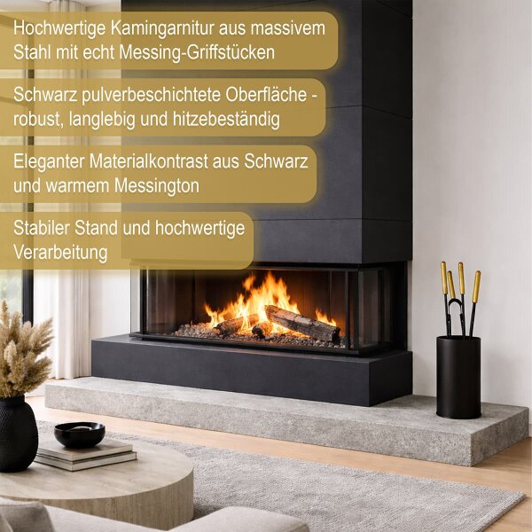 Kaminbesteck 5-teilig Schwarz mit Messinggriffen - Besteckbehälter Ofenset - Design Kamingarnitur