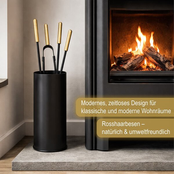 Kaminbesteck 5-teilig Schwarz mit Messinggriffen - Besteckbehälter Ofenset - Design Kamingarnitur