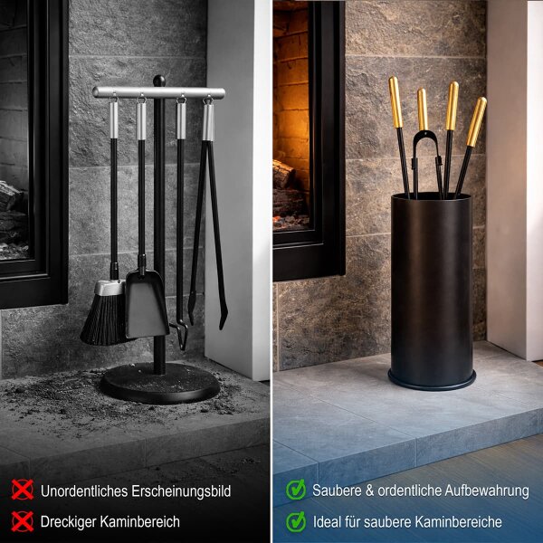Kaminbesteck 5-teilig Schwarz mit Messinggriffen - Besteckbehälter Ofenset - Design Kamingarnitur