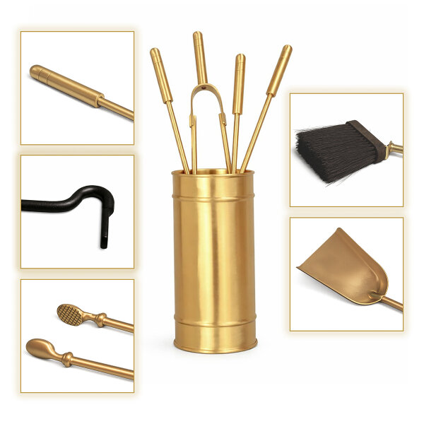Kaminbesteck Messing matt gebürstet 5-teilig mit Behälter - Elegantes Ofenbesteck Kaminzubehör