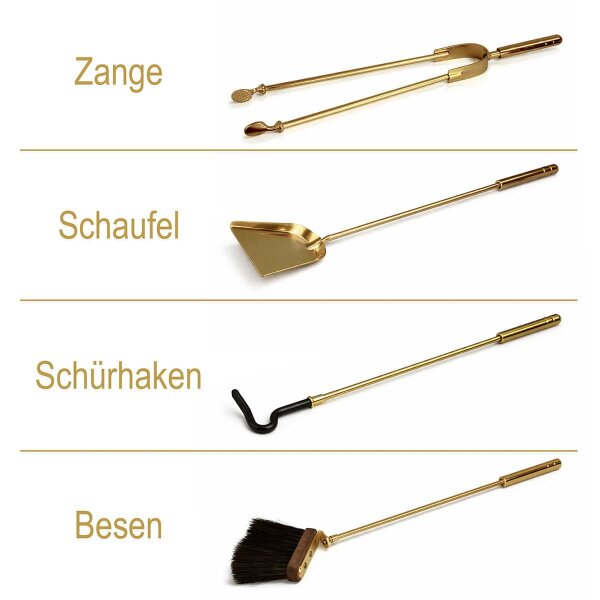 Kaminbesteck Messing matt gebürstet 5-teilig mit Behälter - Elegantes Ofenbesteck Kaminzubehör
