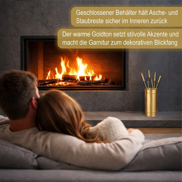 Kaminbesteck Messing matt gebürstet 5-teilig mit Behälter - Elegantes Ofenbesteck Kaminzubehör