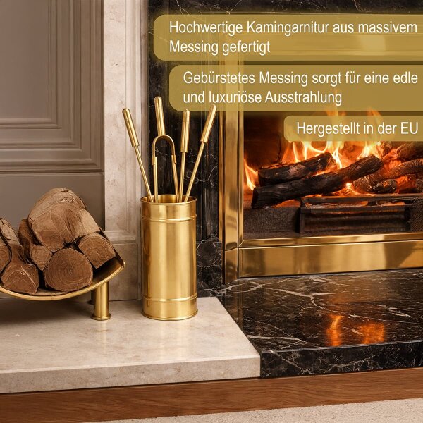 Kaminbesteck Messing matt gebürstet 5-teilig mit Behälter - Elegantes Ofenbesteck Kaminzubehör
