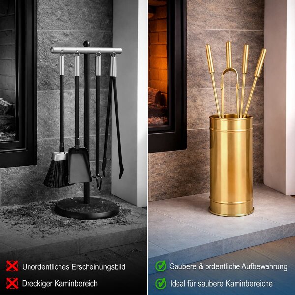 Kaminbesteck Messing matt gebürstet 5-teilig mit Behälter - Elegantes Ofenbesteck Kaminzubehör