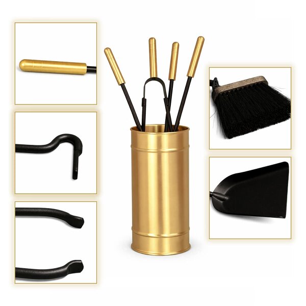 Design Kamingarnitur Messing matt gebürstet - Kaminbesteck 2-farbig - Kaminset Ofenset Schwarz gold