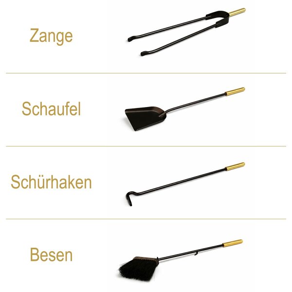 Design Kamingarnitur Messing matt gebürstet - Kaminbesteck 2-farbig - Kaminset Ofenset Schwarz gold