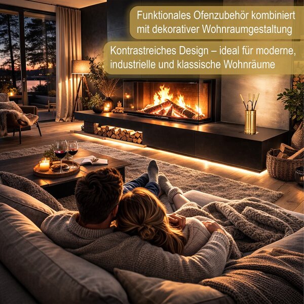 Design Kamingarnitur Messing matt gebürstet - Kaminbesteck 2-farbig - Kaminset Ofenset Schwarz gold
