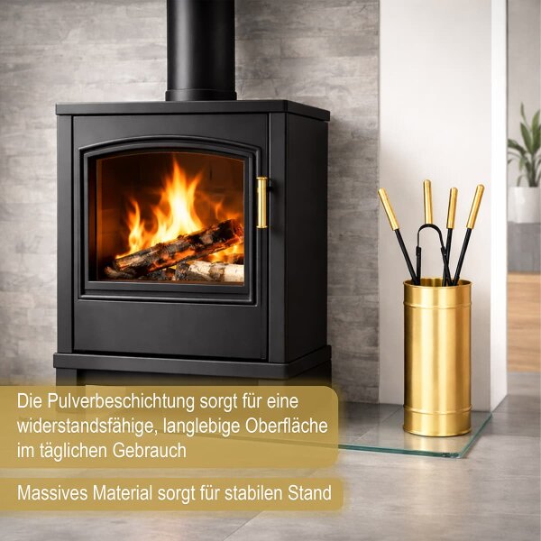 Design Kamingarnitur Messing matt gebürstet - Kaminbesteck 2-farbig - Kaminset Ofenset Schwarz gold