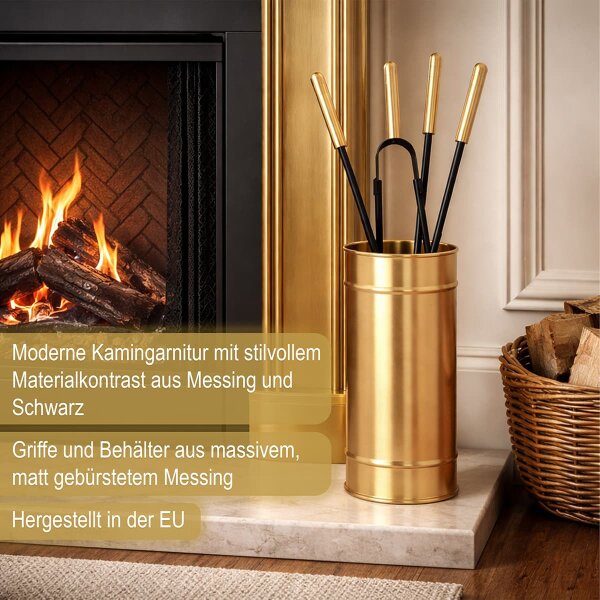 Design Kamingarnitur Messing matt gebürstet - Kaminbesteck 2-farbig - Kaminset Ofenset Schwarz gold
