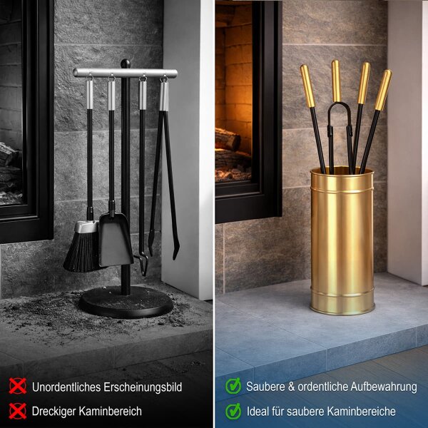 Design Kamingarnitur Messing matt gebürstet - Kaminbesteck 2-farbig - Kaminset Ofenset Schwarz gold