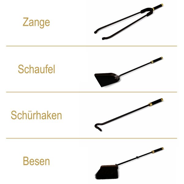 Kamingarnitur 5-tlg. Kaminset Schwarz mit Messingumrandung - Kaminbesteck mit Standbehälter