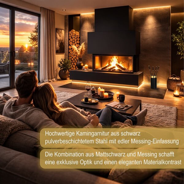 Kamingarnitur 5-tlg. Kaminset Schwarz mit Messingumrandung - Kaminbesteck mit Standbehälter