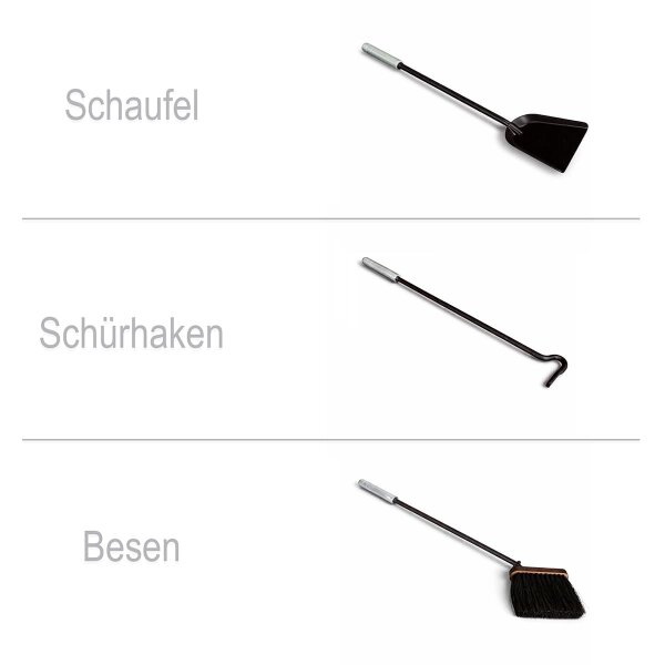 Kaminbesteck schwarz 4-teilig - Ofenbesteck modern rund - Kamingarnitur Griffe Aluminium gebürstet
