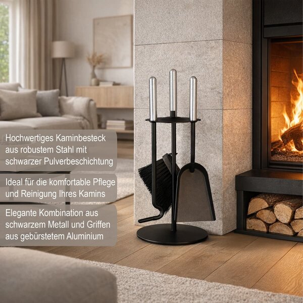 Kaminbesteck schwarz 4-teilig - Ofenbesteck modern rund - Kamingarnitur Griffe Aluminium gebürstet