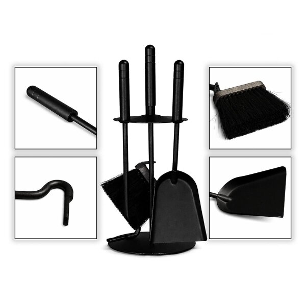 4-teiliges Kaminbesteck schwarz & modern - Kamingarnitur Industrial Design - Ofenbesteck Kaminset kompakt