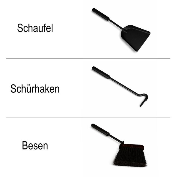 4-teiliges Kaminbesteck schwarz & modern - Kamingarnitur Industrial Design - Ofenbesteck Kaminset kompakt