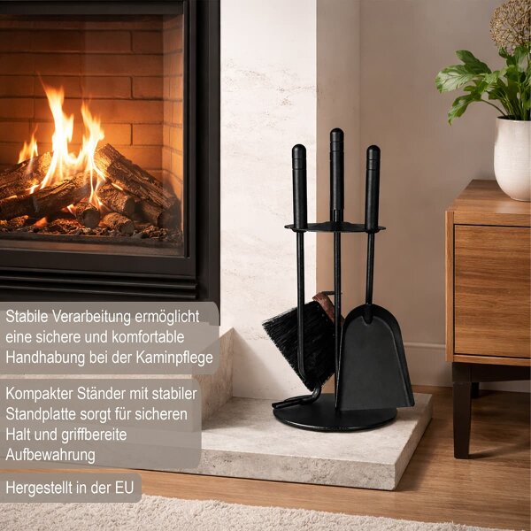 4-teiliges Kaminbesteck schwarz & modern - Kamingarnitur Industrial Design - Ofenbesteck Kaminset kompakt