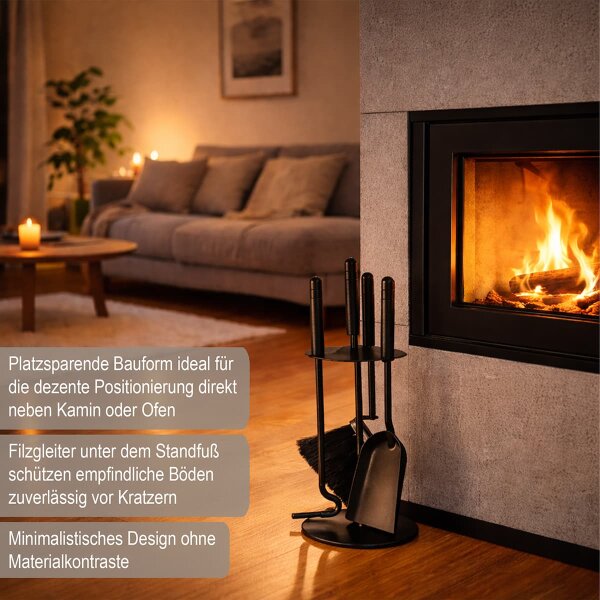 4-teiliges Kaminbesteck schwarz & modern - Kamingarnitur Industrial Design - Ofenbesteck Kaminset kompakt