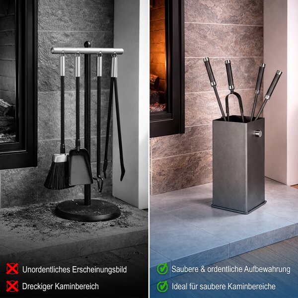 Kaminset 5-teilig robust - Kaminbesteck Anthrazit eckiger Behälter - Ofenbesteck Kamingarnitur Chrom-Akzente
